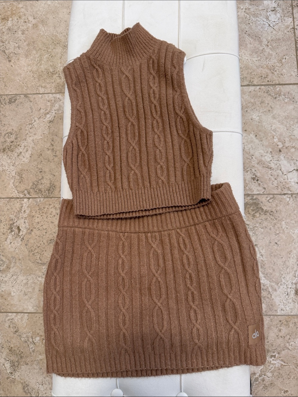 ALO Yoga Camel Cable Knit Sweater set!! Skirt and vest